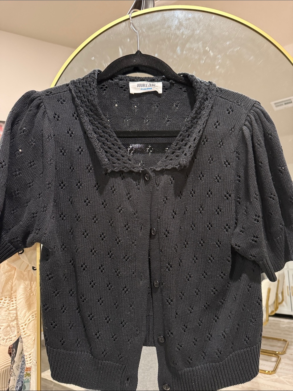 Double Zero Black Eyelet Knit Button-Up with Crochet Collar